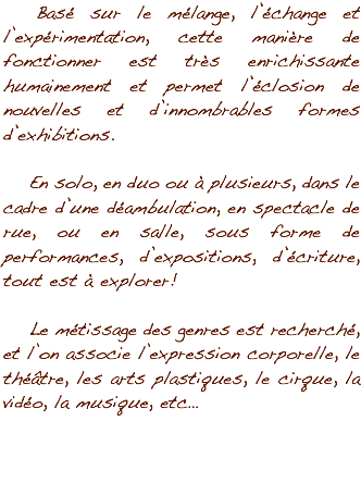  Basé sur le mélange, l’échange et l’expérimentation, cette manière de fonctionner est très enrichissante humainement et permet l’éclosion de nouvelles et d’innombrables formes d’exhibitions. En solo, en duo ou à plusieurs, dans le cadre d’une déambulation, en spectacle de rue, ou en salle, sous forme de performances, d’expositions, d’écriture, tout est à explorer ! Le métissage des genres est recherché, et l’on associe l’expression corporelle, le théâtre, les arts plastiques, le cirque, la vidéo, la musique, etc…